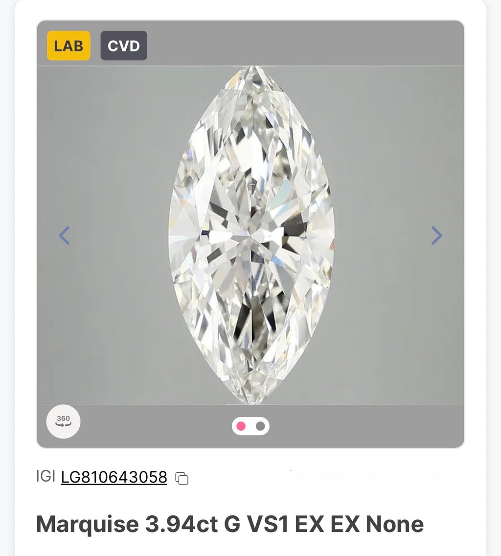 IGI Certified 3.94 ct. Marquise G Color VS1 Clarity EXC EXC Non Cut Lab Grown Diamond IGI Report Number 810643058 FINAL SALE (Copy)